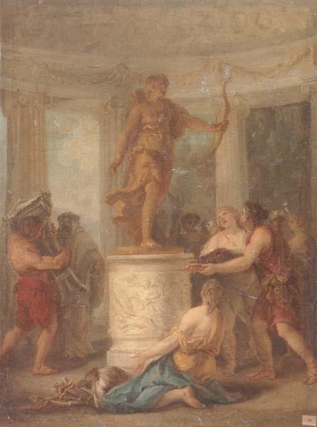 unknow artist Interior of a classical temple,with hunters making an offering to a statue of diana oil painting image